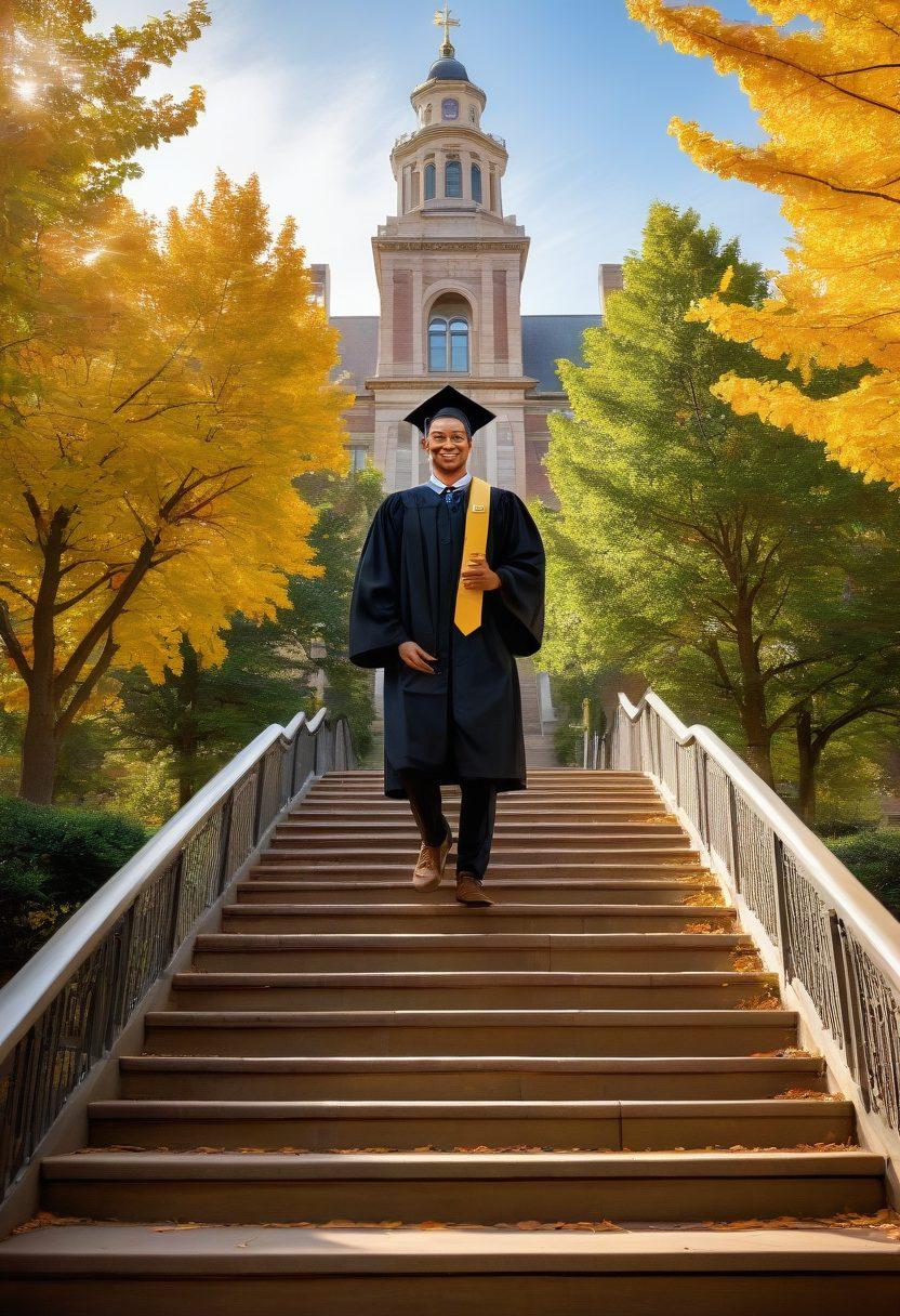 A graduate student standing triumphantly on top of a staircase made of books, symbolizing the journey through doctoral education. Around them are glowing golden symbols representing fellowships and academic resources, such as a diploma, a research grant, and a light bulb of knowledge. The background features a bright and inspiring campus scene, filled with trees and buildings. The atmosphere is optimistic and forward-looking, capturing the essence of academic achievement. vibrant colors. super-realistic.