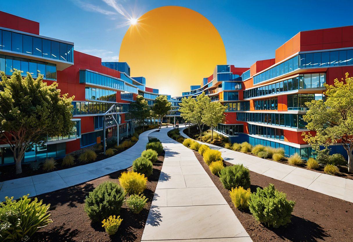 An intricate landscape featuring a winding path leading through diverse educational institutions, including a university, a library, and research labs, symbolizing postgraduate opportunities. Scattered along the path, colorful signposts indicate various funding sources, like scholarships and grants. Overhead, a clear blue sky with a bright sun encourages a sense of hope and ambition. Ideal for a blog about education and funding. vibrant colors. super-realistic. dynamic perspective.