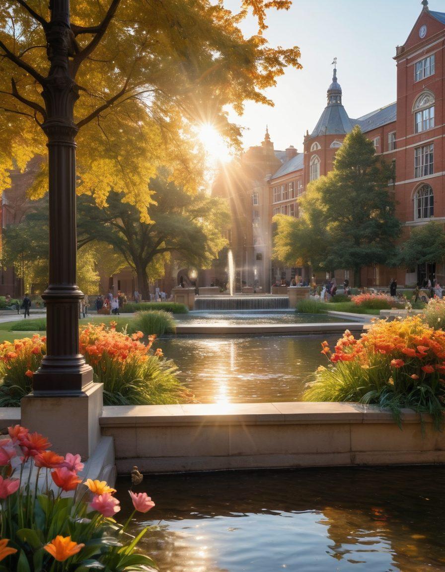 A serene university campus during golden hour, featuring diverse graduate students joyfully discussing ideas, with stacks of books and scholarship flyers scattered around. Include a beautiful fountain in the foreground and blooming flowers in vibrant colors, symbolizing growth and opportunity. A soft, warm light bathes the scene, evoking a sense of hope and aspiration. super-realistic. vibrant colors.
